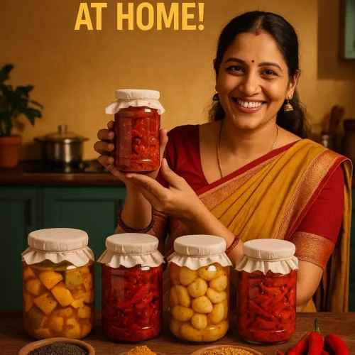 A vibrant Indian kitchen counter with glass jars of colorful homemade pickles (mango, chili, garlic) arranged neatly. A smiling woman in traditional Indian attire holding a pickle jar, surrounded by spices like mustard seeds, turmeric, and fenugreek. Warm, inviting lighting with text overlay: ‘Start Your Achar Business at Home!